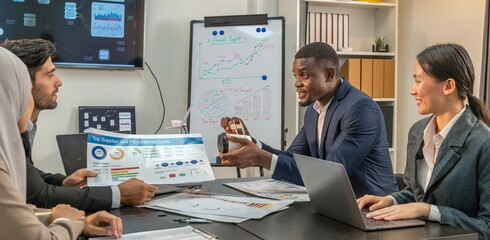 Speaker Motivational multiracial teamwork by explain present data in laptop notebook to colleagues decide. coworker coach explain Analysis Statistics Report laptop presentation to multiethnic teamwork