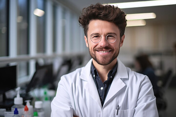 Young successful male worker of scientific laboratory in whitecoat and eyeglasses standing by glass wall inside office in front of camera