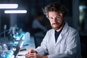 Naklejka na ściany i meble Young successful male worker of scientific laboratory in whitecoat and eyeglasses standing by glass wall inside office in front of camera