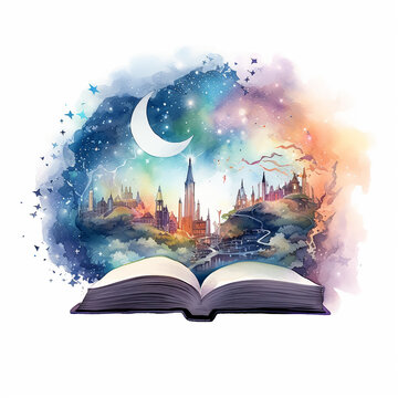 Fantasy sf open book with mystery cityscape and moon, isolated on a white background, watercolor clipart illustration