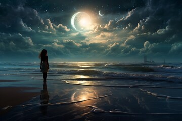 A woman stands on a moonlit beach, with the gentle caress of waves softly lapping at her feet - obrazy, fototapety, plakaty