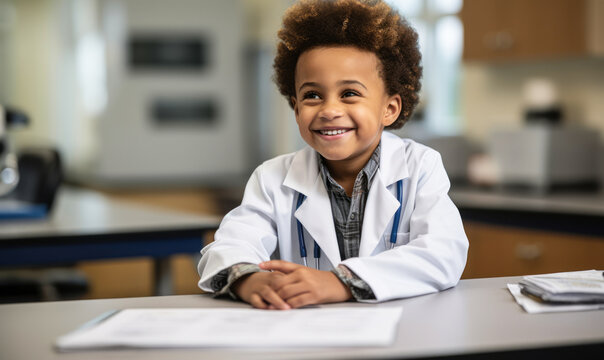 Child's Play in Medical Field: Smiling Boy in Doctor's Coat and Stethoscope