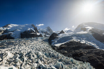 view from La Jonction over the vast ice of Glacier des Bossons in Chamonix