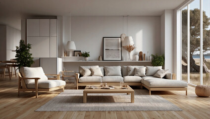 Fototapeta na wymiar living room minimalist scandinavian design neutral colors