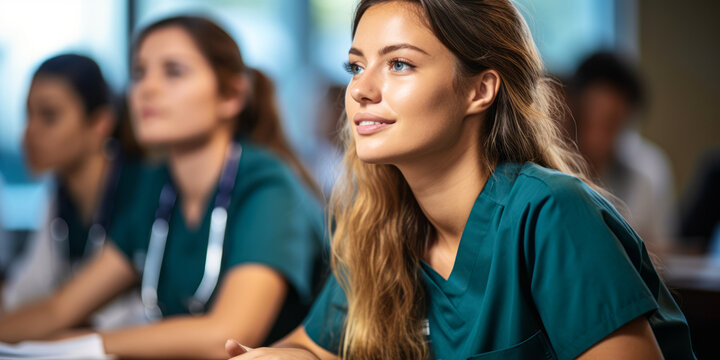 Medical School Journey: Female Student in Scrubs Participates in Class