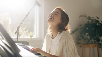 Young woman at home playing the piano and singing. Hobby, vocal and musicianship, piano lessons for adults.  - obrazy, fototapety, plakaty