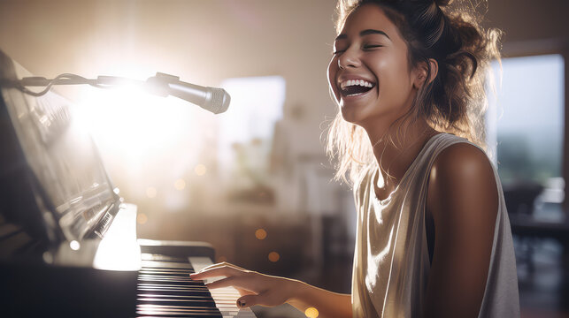 Young Woman At Home Playing The Piano And Singing. Hobby, Vocal And Musicianship, Piano Lessons For Adults. 