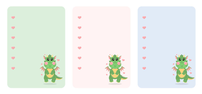 Set of check list, note, to do list with vector kawaii cute dragon for kids. Ready fot print