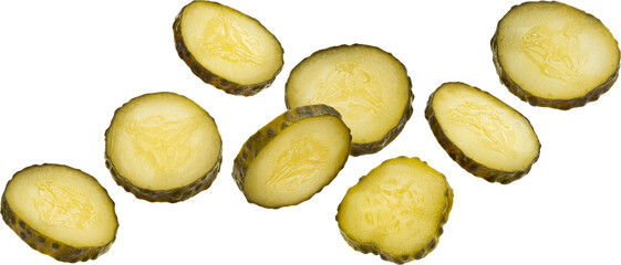 Pickled cucumber slices isolated on white background