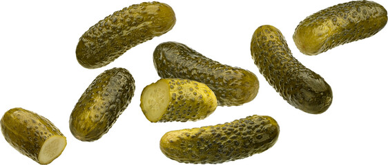 Marinated cucumbers, pickled gherkins isolated - obrazy, fototapety, plakaty