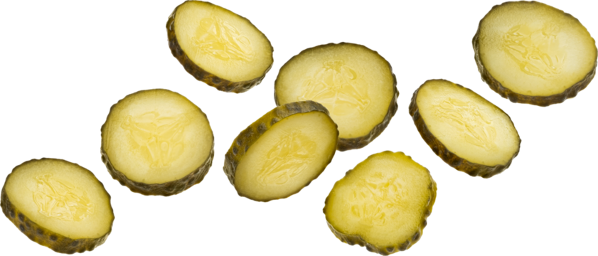 Pickled cucumber slices isolated on white background