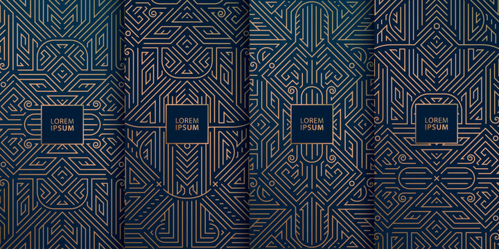 Vector set of art deco, fancy patterns, line wine, chocolate, tea package design, golden labels. Geometric frames, luxury templates. Use for prints, covers, invitations