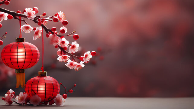 Dongzhi celebrates the winter solstice, A traditional Chinese festival with lantern and red plum blossom, Mid-Autumn Festival, Chinese new year banner background theme
