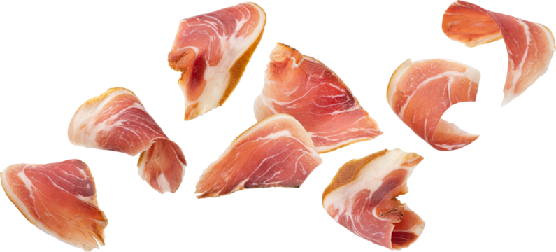 Falling bacon strips, pork brisket slices isolated