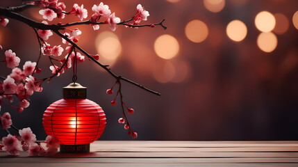 Dongzhi celebrates the winter solstice, A traditional Chinese festival with lantern and red plum blossom on wooden floor and bokeh, Mid-Autumn Festival, Chinese new year banner background theme - obrazy, fototapety, plakaty