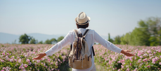 woman enjoying the aroma in Field of Damascena roses in sunny summer day . Rose petals harvest for...