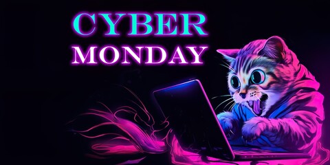 Cat with Laptop, black friday and cyber monday sale concept. Seasonal shopping sales and discounts. Banner, postcard