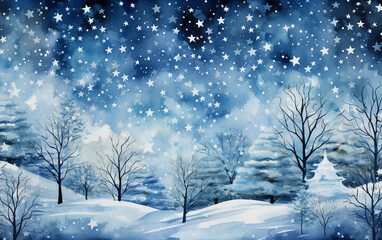 Watercolor winter illustration with forest in snow