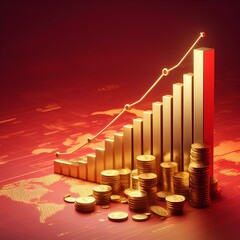 A 3D rendered illustration of a bar graph in upward direction made of gold bars and coins. Value of gold.