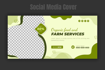 Agriculture and organic food farming service social media cover or post and web banner design template with abstract green leaf color shape