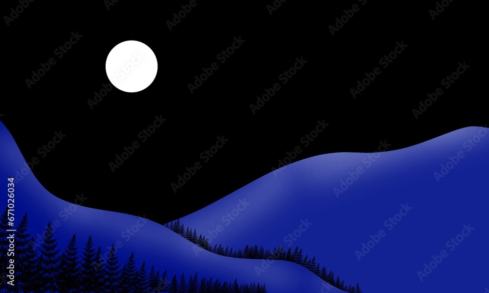 Wall mural night landscape with mountains and the moon in the sky. vector illustration.