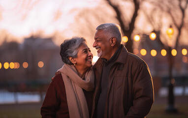 Senior Indian couple hugging and smiling at park during morning walk