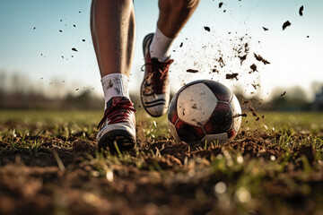 Picture of a sporty running man in soccer cleats sneakers on a muddy green field generative AI...