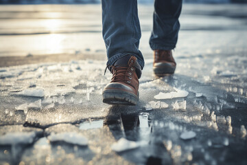 Close up generative AI photography of male legs walking cold snowy winter weather in comfort warm shoes - Powered by Adobe