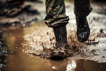 Made with generative AI close up image of a military male person running on rainy muddy battlefield ground