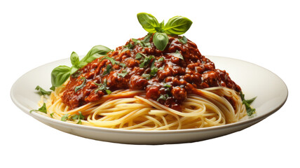 Fresh Italian pasta dish: Spaghetti Bolognese with Mediterranean flavors.  Png with transparent background..