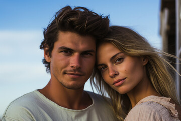 Obraz premium Young couple portrait two lovers spending time sunny country travelers Generative AI