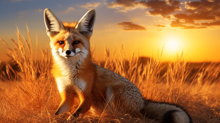 Obraz premium Fox at Beautiful Orange Sunset, Reflecting the Wild Nature of the Jungle, Ideal for Nature-themed Designs and Artistic Displays