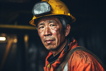 Fototapeta premium Generative ai technology portrait of mine worker wearing helmet extracting coal resources dirty face