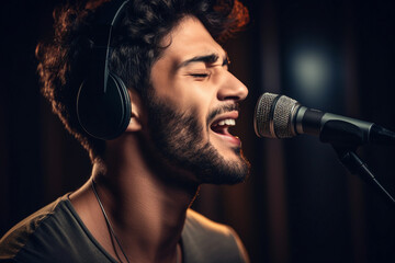 Generative ai modern technology portrait of person on stage using microphone singing song pub bar club