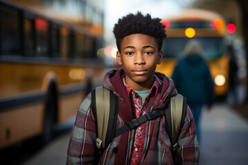 Fototapeta premium Portrait generative AI of african american teenage boy student after getting off of bus