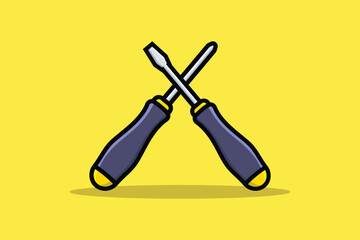 Screwdriver tool vector illustration. Working tools equipment objects icon concept. Screwdrivers in cross sign vector design on yellow background.