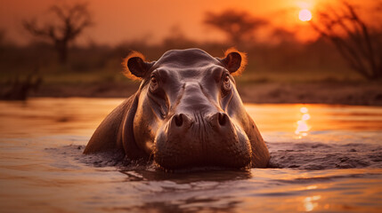 Fototapeta premium Hippo at Beautiful Orange Sunset, Reflecting the Wild Nature of the Jungle, Ideal for Nature-themed Designs and Artistic Displays