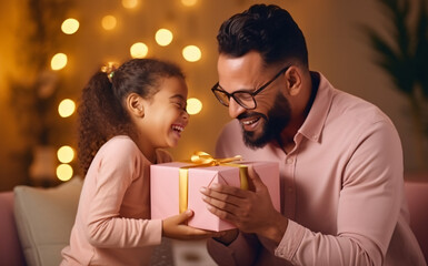 Cute joyful daughter closing father's eyes with hand giving gift box. Making surprise congratulations, bearded stylish dad, casual outfit, indoor - obrazy, fototapety, plakaty