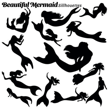 Mermaid vector illustration silhouette set