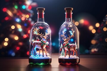 A Christmas wine bottle decoration reindeer in a bottle neon light and dreamy christmas celebration banner