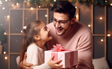 Cute joyful daughter closing father's eyes with hand giving gift box. Making surprise congratulations, bearded stylish dad, casual outfit, indoor - obrazy, fototapety, plakaty