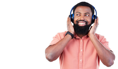 Happy man, headphones and thinking, listening to podcast or streaming service, inspiration and...