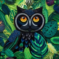 Illustration showing an adult black owl with greenish wings sitting against a background of green vegetation in a forest. Illustration. Digital painting. Generative AI.