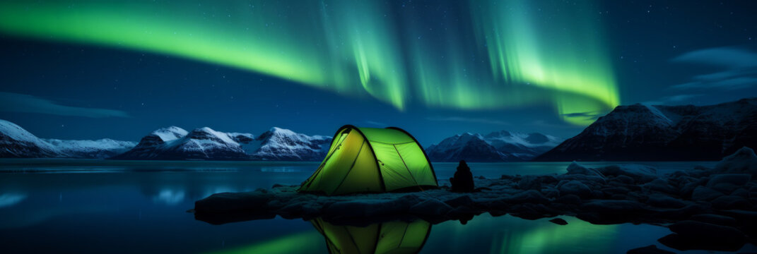 A camping tent glowing under the northern lights, Aurora Borealis. Travel and adventure