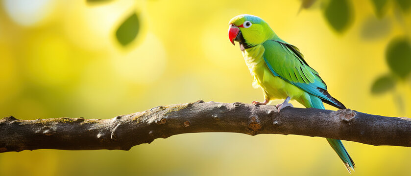 Ring-necked parakeet sits on a branch, nature photo