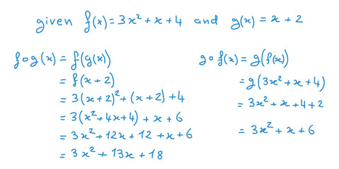 Example of composition of two functions in mathematics. Scientific resources for teachers and students. Math doodle handwriting concept.