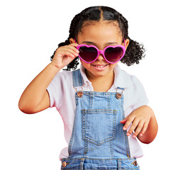 Isolated girl child, sunglasses and fashion with smile, portrait or confident in clothes by...