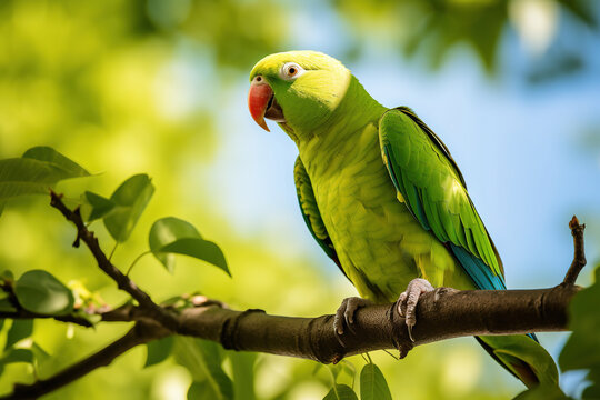 Ring-necked parakeet sits on a branch, nature photo