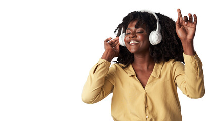 Woman, headphones and listening to happy music, streaming service and techno or student mental...