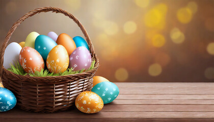 Fototapeta na wymiar Easter eggs in basket on wooden table with bokeh background